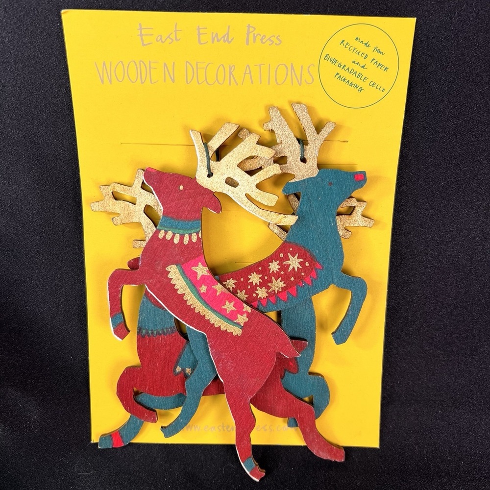 East End Press Wooden Reindeer Ornaments Set 4 NEW Hand Printed Folk Art